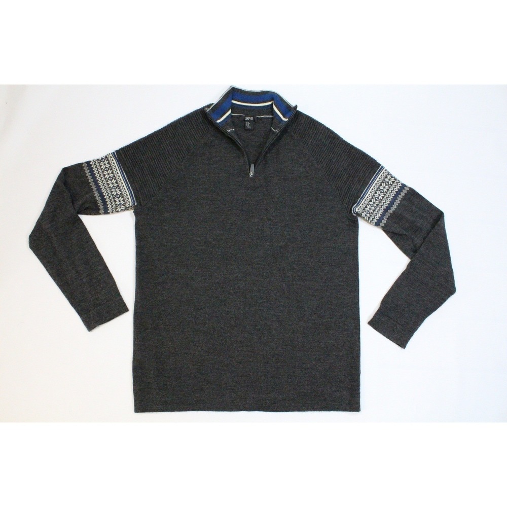 Skyr Mens 100% Merino Wool Quarter Zip Sweater Charcoal Gray Fair Isle Medium